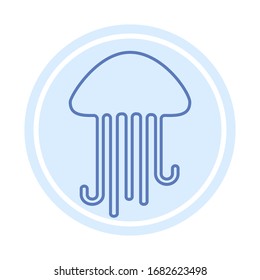 Vector icon of a jellyfish in dark blue color on the light blue background. Line graphics.