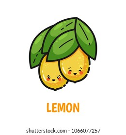 Vector icon of kawaii lemon with leaves, cute flat line style. Illustration for food themed products: stickers, package, kitchen textile and accessories, menu, food markets etc.