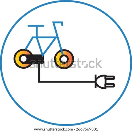 Vector icon of kids charging cycle with plug and battery symbol. Flat style electric bicycle for children, eco transport, green energy, modern technology, and sustainable mobility design."

