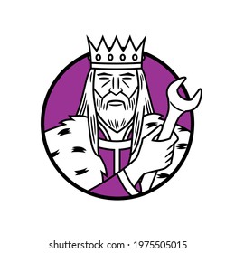 Vector icon of a king with a crown and a wrench in his hand, framed in a circular shape, to use like logo, graphic element or similar thing.