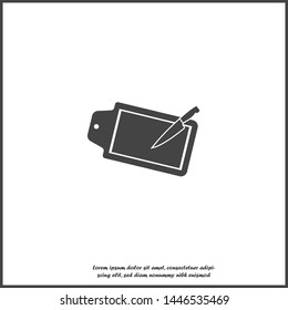 Vector icon of kitchen cutting board and kitchen knife on white isolated background.