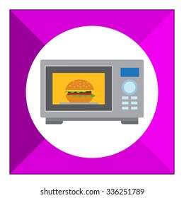 Vector icon of kitchen microwave oven with hamburger inside