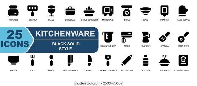 Vector icon kitchenware.Black Solid Style.Contiene platos, tenedores, cucharas, cubiertos, cuchillos, cuchillos, utensilios de cocina, rodillos, botellas, comida caliente, desayuno, menú de comida, menú de cocina.