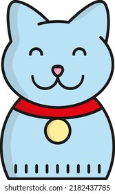 Vector Icon Of A Kitten With A Collar. Veterinary Clinic Symbol, Pets. Blue Cat With Red Collar.