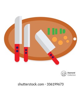 Vector icon of knives on oval cutting board with some chopped vegetables on it