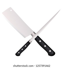 Vector icon for knives. Vector icon for two crossed metallic kitchen knives on gray background.