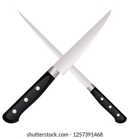 Vector icon for knives. Vector icon for two crossed metallic kitchen knives on gray background.