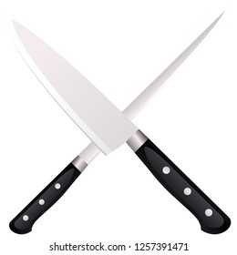 Vector icon for knives. Vector icon for two crossed metallic kitchen knives on gray background.