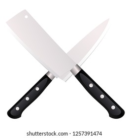 Vector icon for knives. Vector icon for two crossed metallic kitchen knives on gray background.