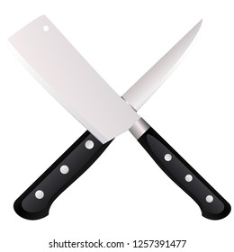 Vector icon for knives. Vector icon for two crossed metallic kitchen knives on gray background.