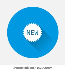 Vector icon label new on blue background. Flat image with long shadow.