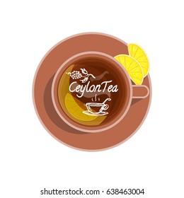 Vector icon or label for tea package, teahouse menu. Cup of tea in flat cartoon style, and white sketch with grade of tea of hand drawing grunge style. Cute illustration for tea house branding