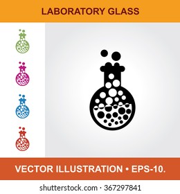 Vector Icon Of Laboratory Glass With Title & Small Multicolored Icons. Eps-10.