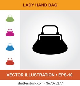 Vector Icon Of Lady Hand Bag or Ladies Purse With Title & Small Multicolored Icons. Eps-10.
