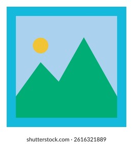 A vector icon of a landscape scene with a sun over mountains, presented in a frame, perfect for web design, apps