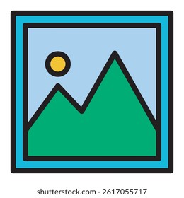 A vector icon of a landscape scene with a sun over mountains, presented in a frame, perfect for web design, apps.