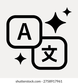 Vector icon of language translation with two overlapping squares, one with an 'A' and the other with a Chinese character, surrounded by sparkling stars.