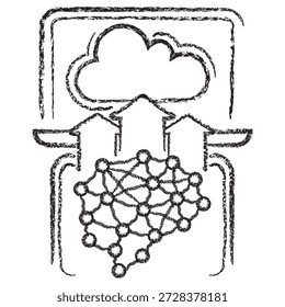 Vektorsymbol eines Laptops mit Wolke, aufsteigenden Pfeilen und Gehirn eines neuronalen AI-Netzwerks. Dunkelbraune Holzkohleskizze auf transparentem Hintergrund, die ein komplettes Cloud-KI-Ökosystem und die Bereitstellung darstellt
