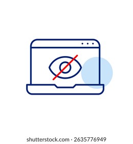 Vector icon of laptop with crossed-out eye, symbolizing hidden activity, private browsing, or restricted access. Ideal for cybersecurity apps, remote work tools, and privacy