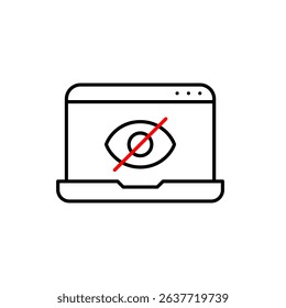 Vector icon of laptop with crossed-out eye, symbolizing hidden activity, private browsing, or restricted access. Ideal for cybersecurity apps, remote work tools, and privacy settings