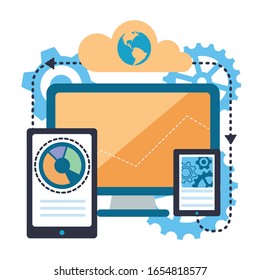 vector icon of laptop and gears of interconnection of computer applications with mobile, tablet, geolocation and assistance in travel and communication, eps 10