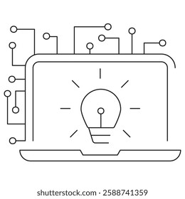 Vector icon of a laptop with a glowing light bulb and circuit connections, symbolizing artificial intelligence, and creative digital solutions. Thin black line illustration. Editable stroke width