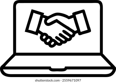 Vector icon of a laptop with a handshake coming out representing online deals. concept as A creative vector illustration showing two hands shaking emerging from a laptop screen symbolizing online agre