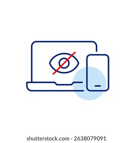 Vector icon of laptop and phone with crossed-out eye, symbolizing hidden devices, private communication, or restricted digital access. Ideal for cybersecurity apps, privacy tools, and remote work