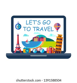 vector icon of laptop with travel around world isolated on white