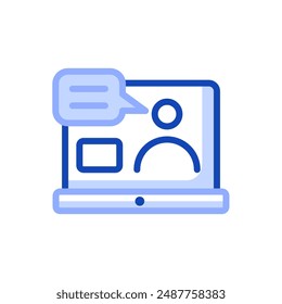 Vector icon of a laptop where a lesson is conducted via video conference. The icon represents online education and can be used on educational sites, platforms, online learning resources