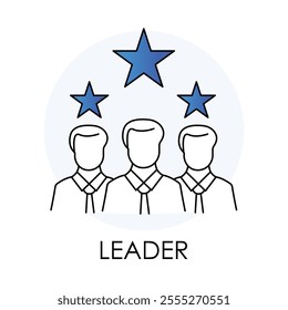 Vector icon for leader. Black and white outline icon showing a group of professionals with stars above them, symbolizing leadership and excellence.