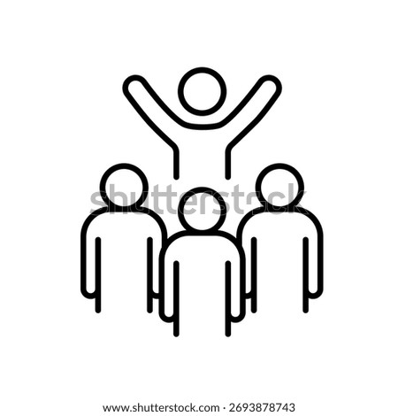 A vector icon of a leader with raised arms and two people beside, representing inclusive team encouragement and collaboration, created in line style with editable stroke