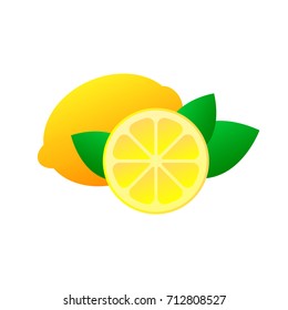 Vector icon of lemon fruit whole and sliced . Bright yellow citrus with leaves.