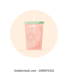 Vector icon of lemonade in a cup for take away. No stroke flat icon, isolated in circle. Watermelon colors.