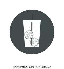 Vector icon of lemonade in a cup for take away. Trasparent, no fill on cup. Isolated in circle.