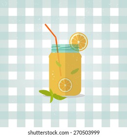 Vector icon lemonade illustration. Minimalist food icon in flat style. Refreshing drink from lemons with herbs. Lemon Barley. Checkered tablecloth background.