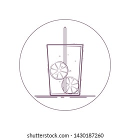 Vector icon of lemonade with lemon slices in a glass with straw. Line icon in circle. Isolated on white background.