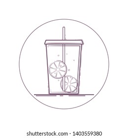 Vector icon of lemonade. Take away, to go. Line icon in circle. Isolated on white background.