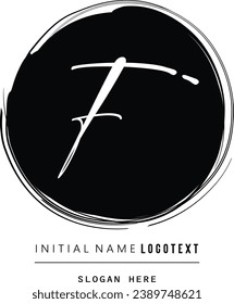 vector icon of letter F with ink stroke, hand drawn F letters Logo design. Brushstroke F Letter Logo, F-Letter Logo Design with grunge circle background.eps8