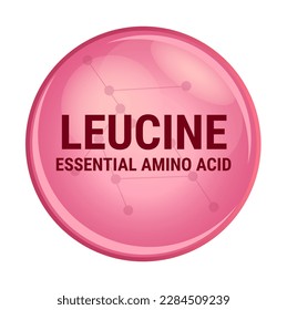 Vector icon of leucine. Essential amino acid with the abbreviation Leu. Red molecule isolated on a white background. L amino acid used in the biosynthesis of proteins. Food and nutrition concept.