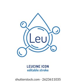 Vector icon of leucine  supplement. Editable stroke illustration. Essential amino acid for muscle growth, recovery, energy, fitness, performance, and health. Linear pictogram, symbol