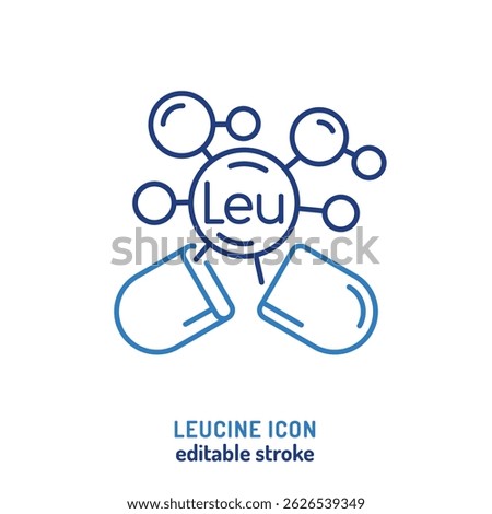 Vector icon of leucine  supplement. Editable stroke illustration. Essential amino acid for muscle growth, recovery, energy, fitness, performance, and health. Linear pictogram, symbol