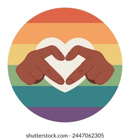 Vector icon, LGBTQ rainbow flag icon with black man finger heart. Illustration on white background flat style