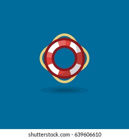 Vector icon life ring. Illustration a marine colored nautical life buoy isolated on blue background
