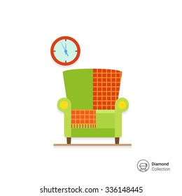 Vector icon of light green armchair with checkered rug and wall clock