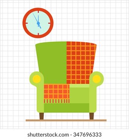 Vector icon of light green armchair with checkered rug and wall clock
