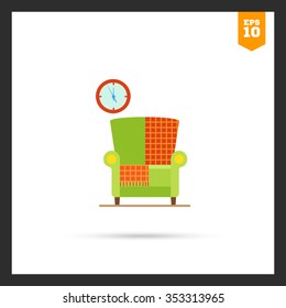 Vector icon of light green armchair with checkered rug and wall clock