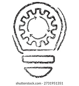 Vector icon of a lightbulb with gear and circular arrows. Dark brown textured charcoal sketch in a linear style on transparent background. Innovation process and smart automation concept