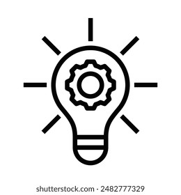 Icono de Vector de una bombilla con un engranaje en su interior, simbolizando innovación e ideas. Diseño sencillo en blanco y negro. Trazo editable.