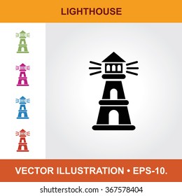 Vector Icon Of Lighthouse With Title & Small Multicolored Icons. Eps-10.